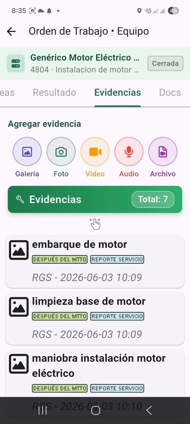 Evidencias de una orden de trabajo en APIClix: foto, video, audio y archivos con fecha y etiqueta