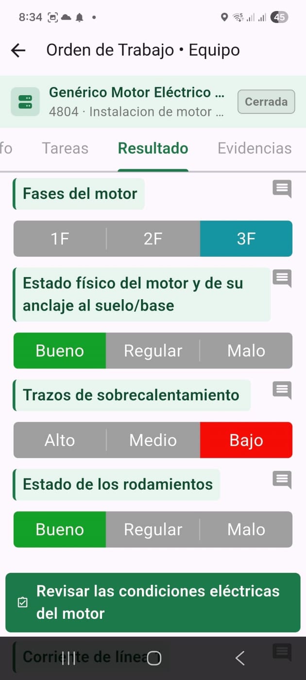 Resultado de una orden de trabajo en la app de APIClix: fases del motor, estado físico, sobrecalentamiento y rodamientos