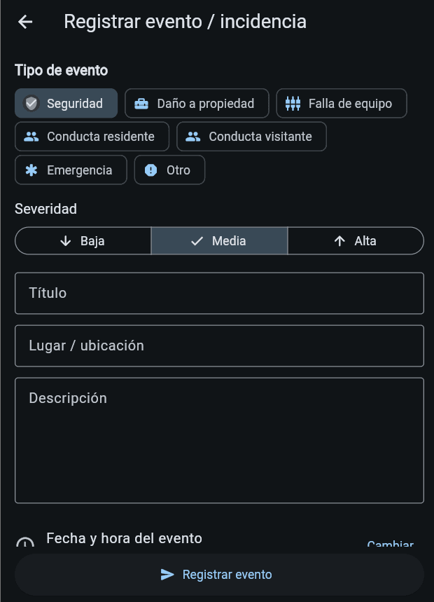 Registro de incidencias de vigilancia con tipo, severidad y ubicación en CondoPass