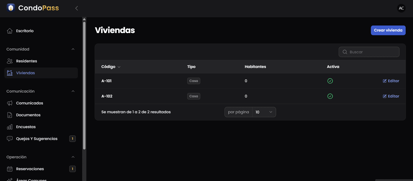 Catálogo de viviendas del condominio en el panel de CondoPass