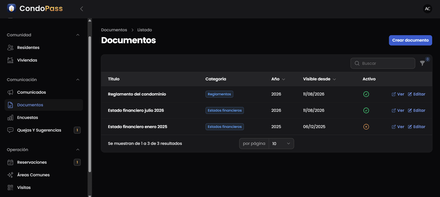 Documentos del condominio en el panel de CondoPass: reglamento y estados financieros