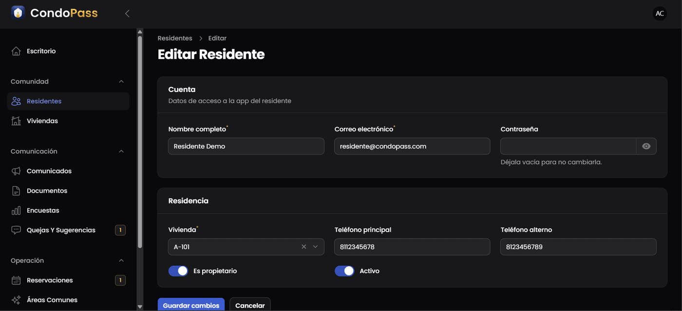 Alta y edición de un residente en el panel de CondoPass, que crea su cuenta de la app