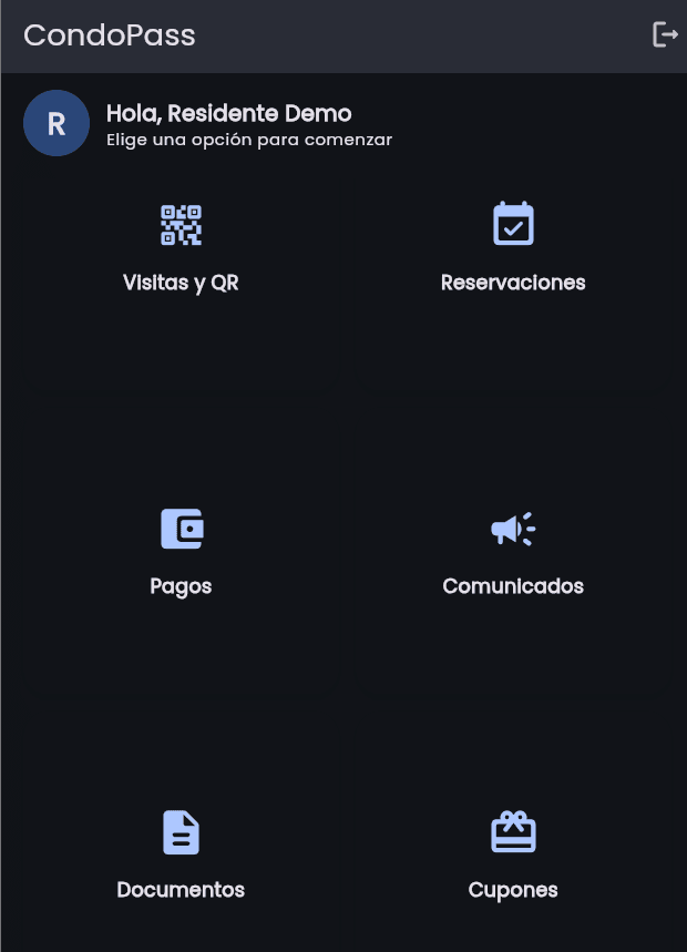 Menú principal de la app del residente de CondoPass