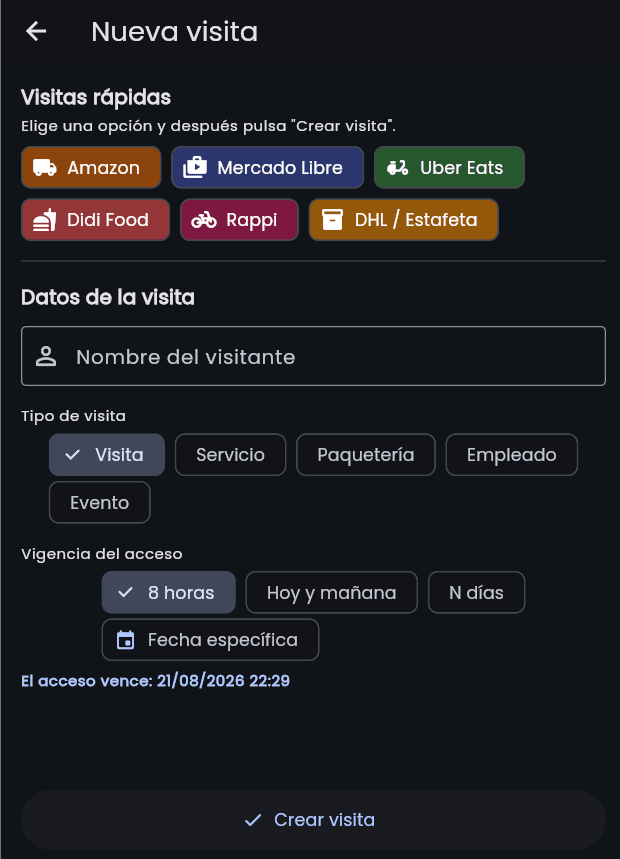 Registro de una nueva visita en CondoPass con visitas rápidas y vigencia del acceso