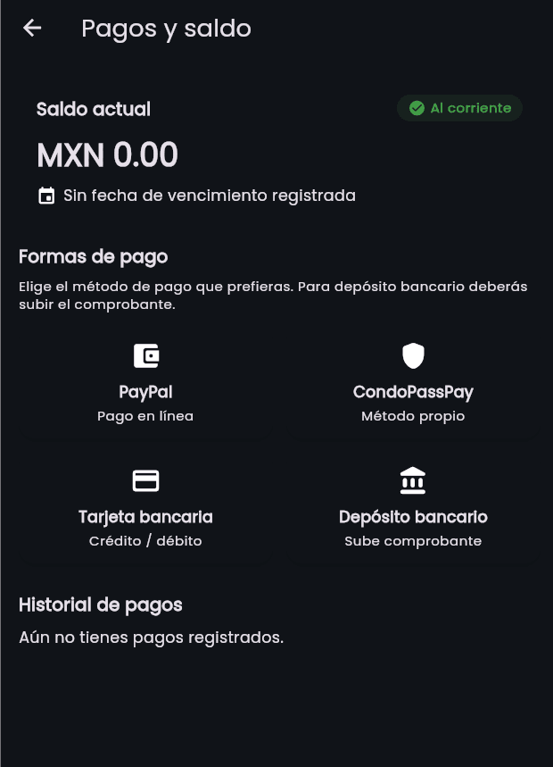 Estado de cuenta del residente en CondoPass, con saldo e historial de pagos