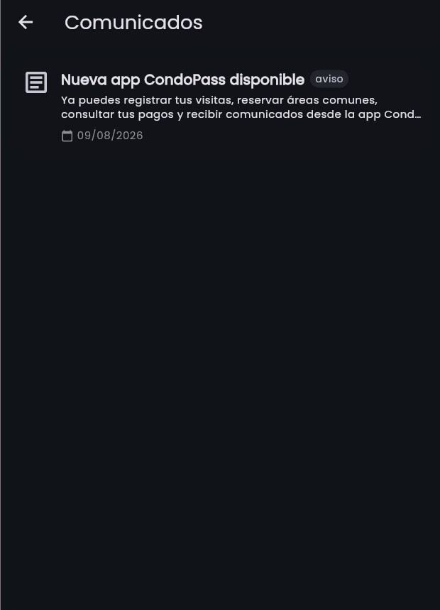 Comunicados del condominio en la app del residente de CondoPass