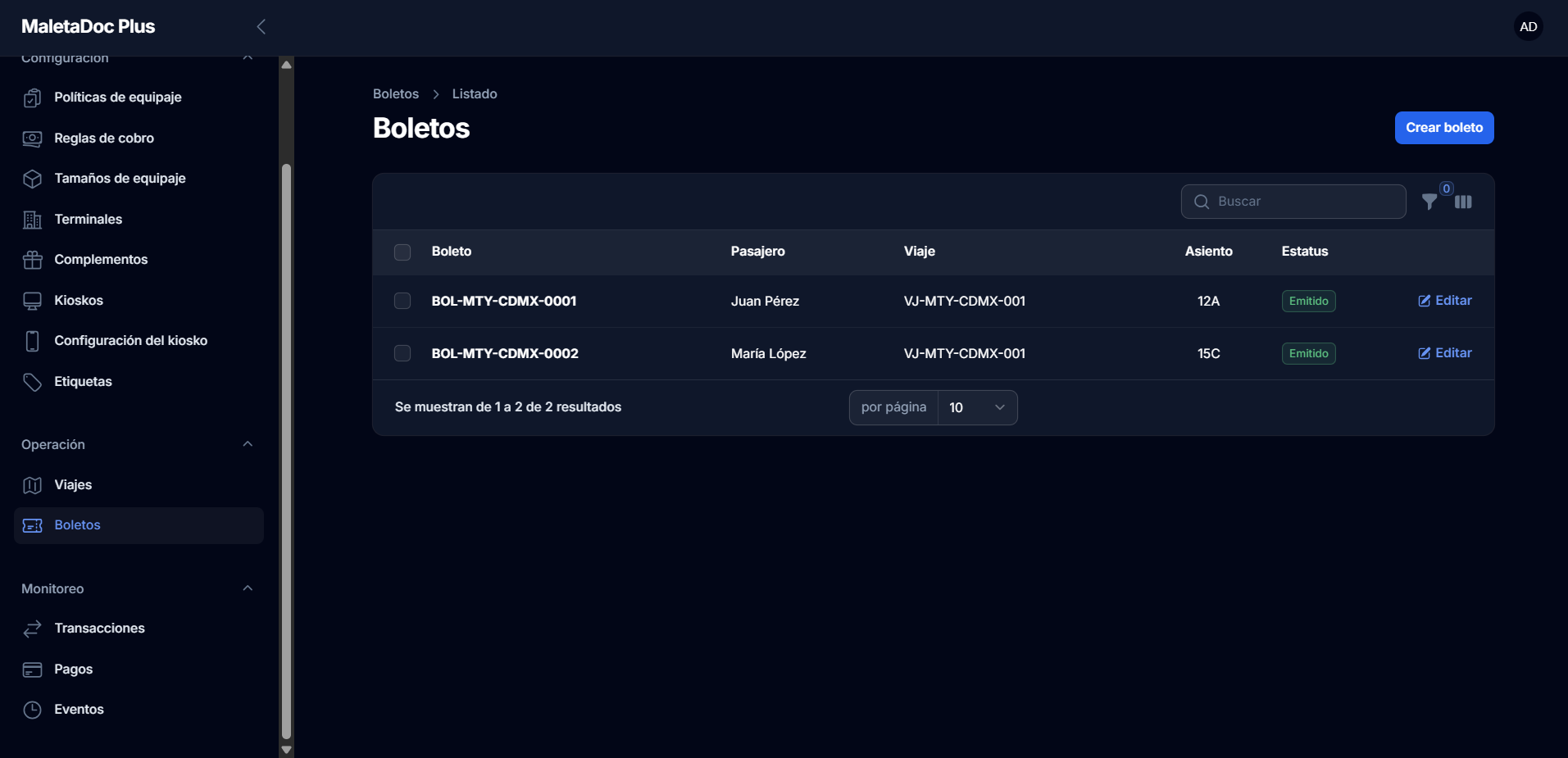 Gestión de boletos en el panel web de MaletaDoc Plus