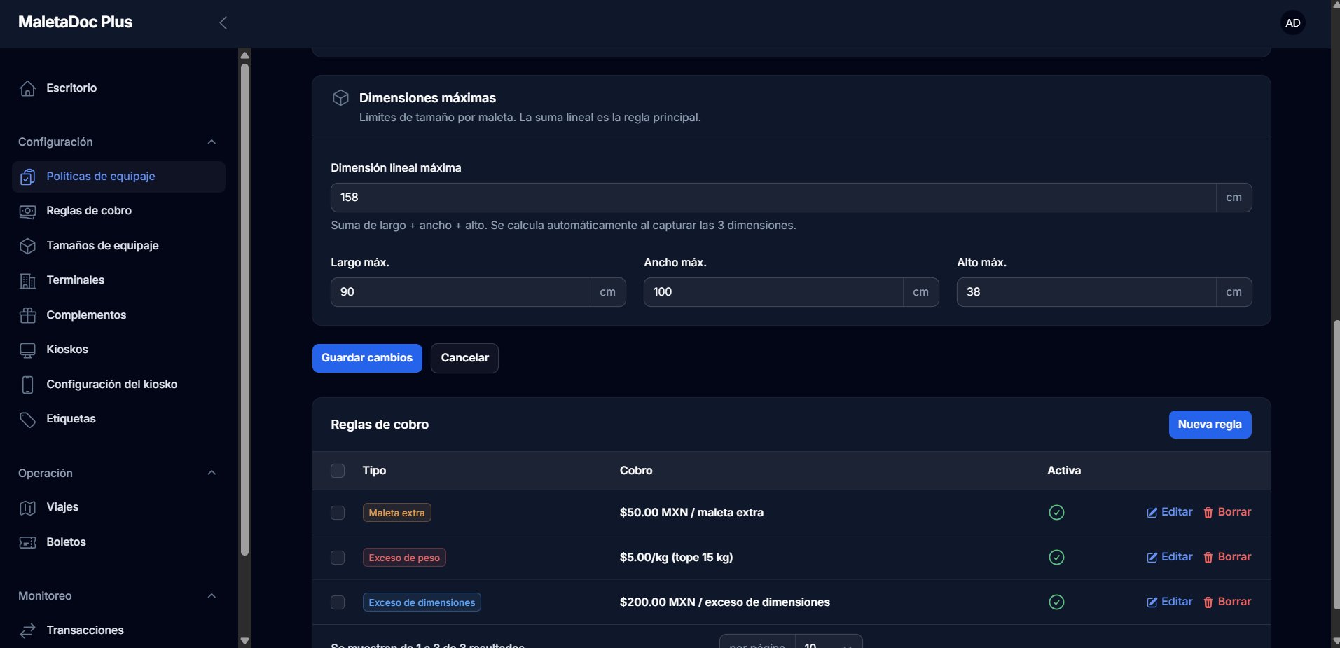 Configuración de políticas de equipaje en el panel web de MaletaDoc Plus