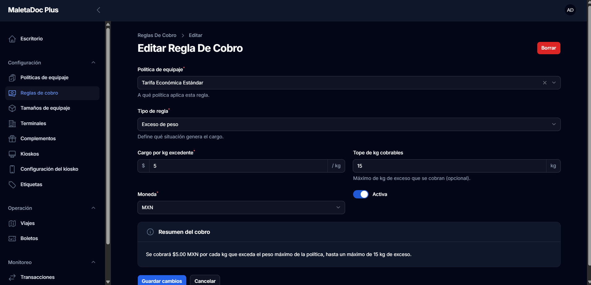 Configuración de reglas de cobro en el panel web de MaletaDoc Plus
