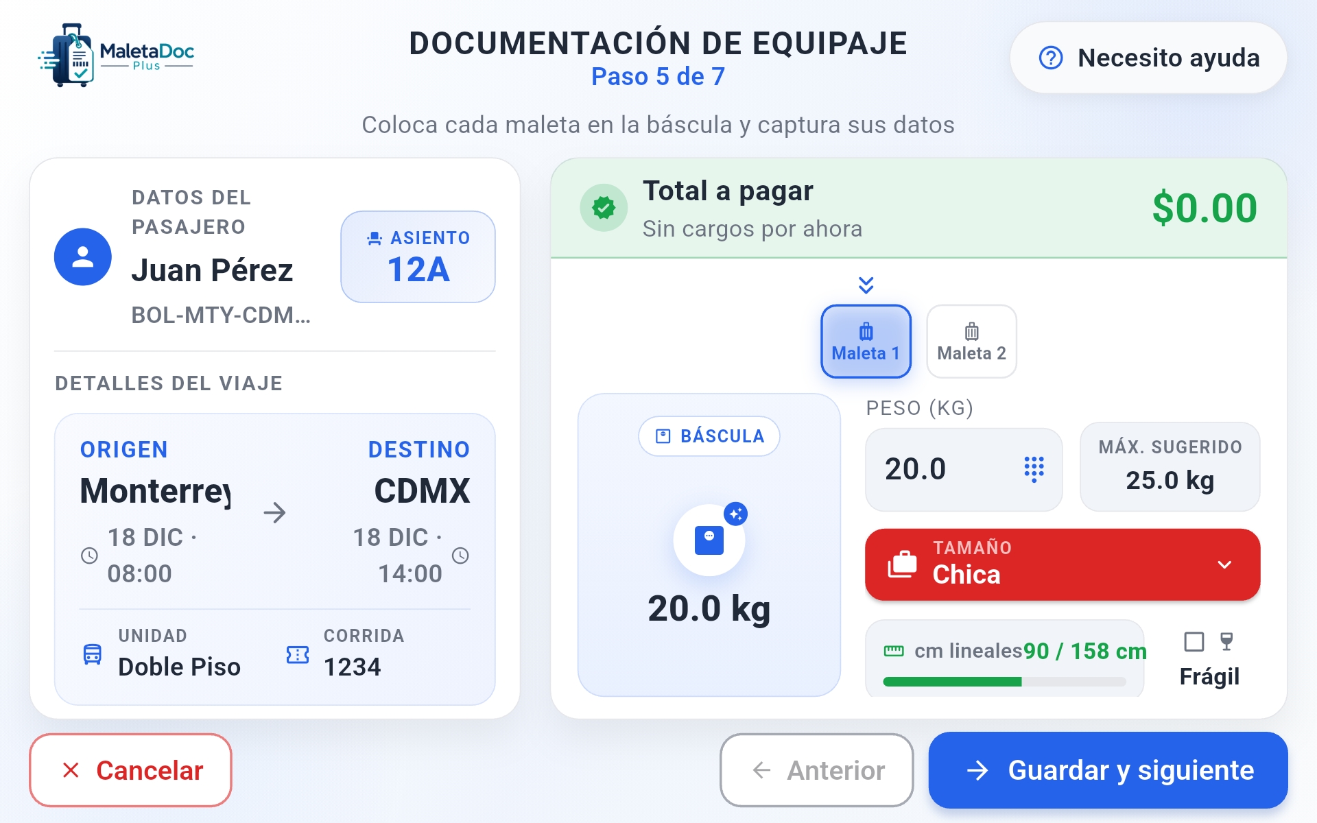 Lectura de peso del equipaje en el kiosco MaletaDoc Plus