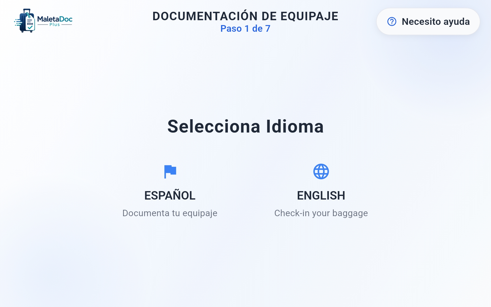 Pantalla de selección de idioma en el kiosco de autoservicio MaletaDoc Plus