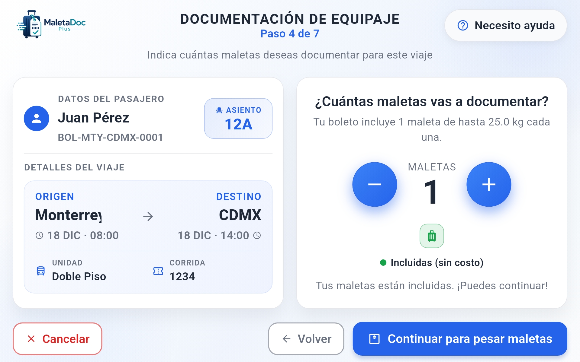 Pantalla para documentar maletas en el kiosco MaletaDoc Plus