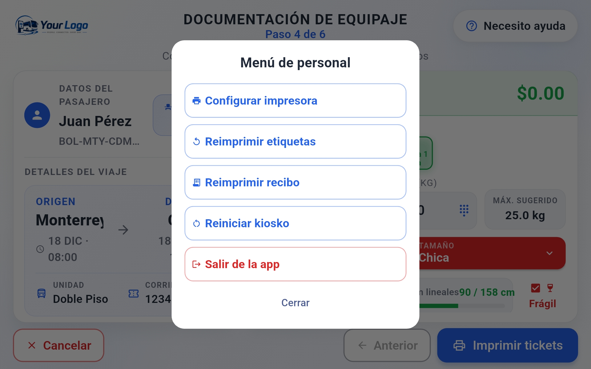 Menú del personal en el kiosco de autoservicio MaletaDoc Plus