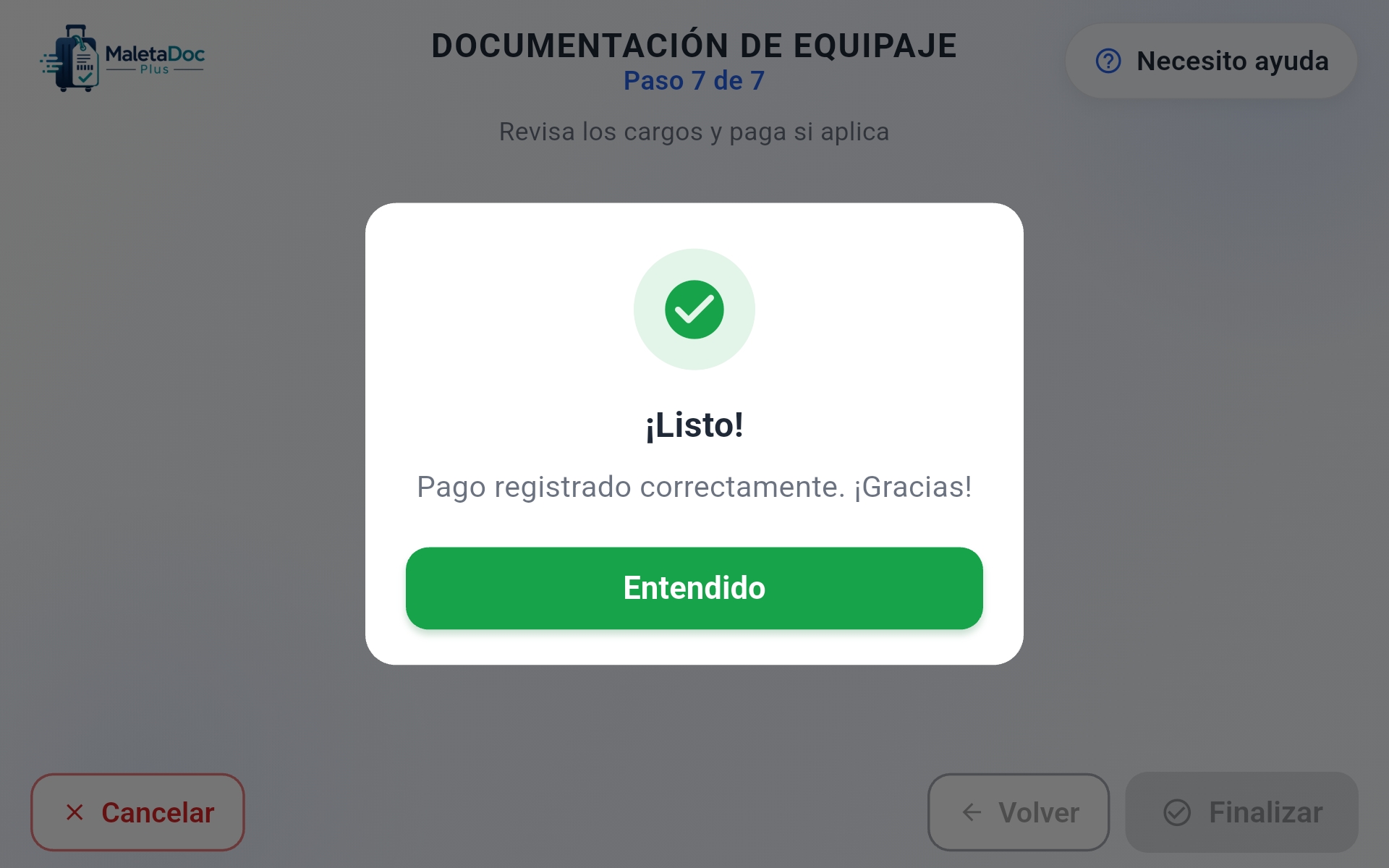 Confirmación de pago exitoso en el kiosco MaletaDoc Plus
