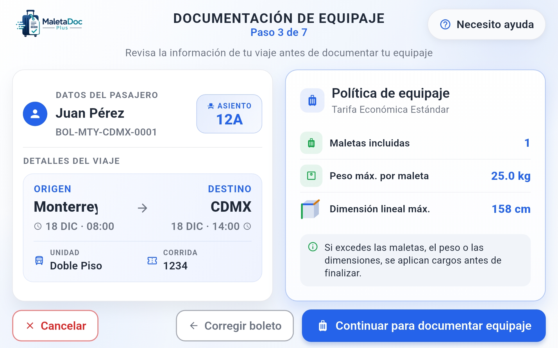 Política de equipaje mostrada al pasajero en el kiosco MaletaDoc Plus