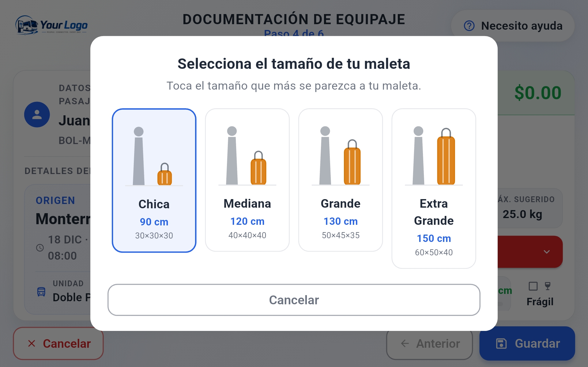 Selección del tamaño de maleta en el kiosco MaletaDoc Plus