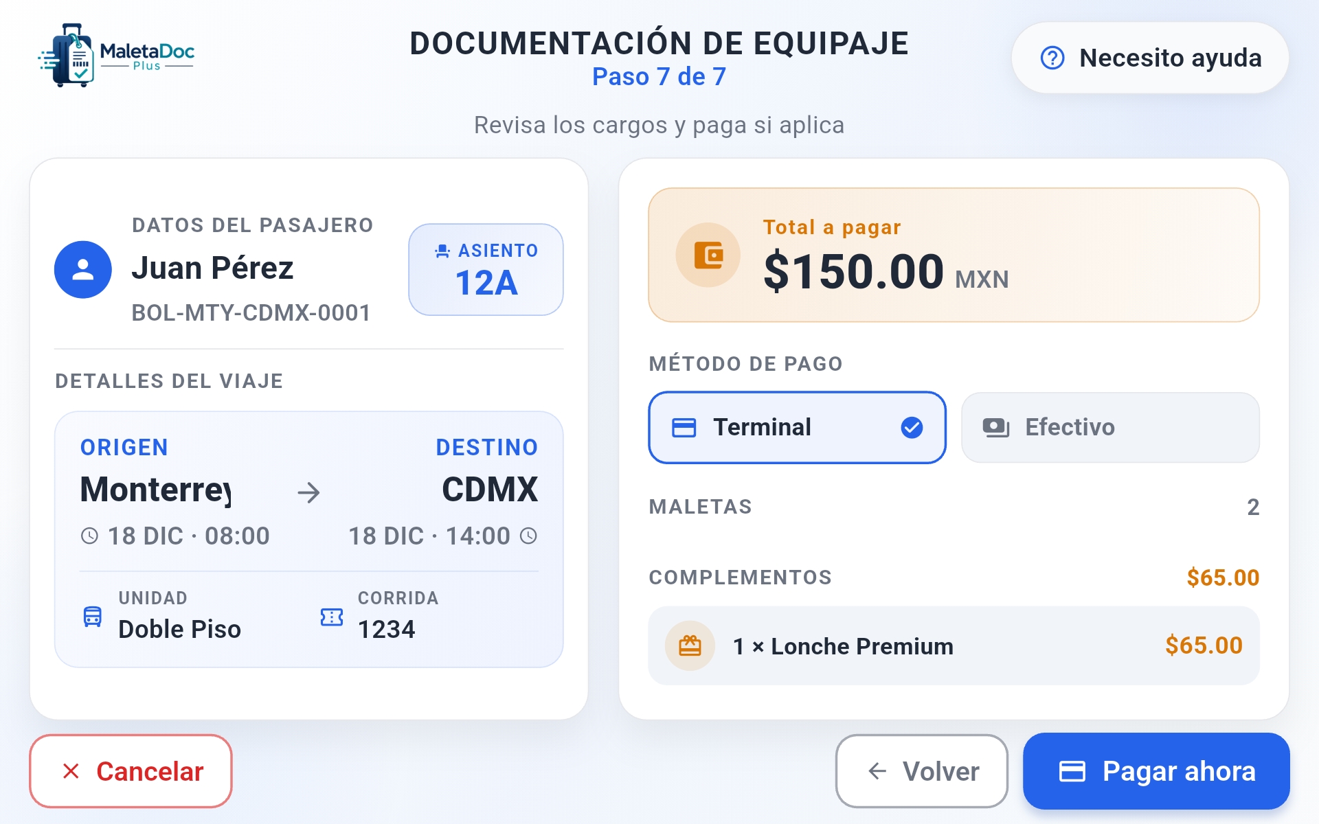 Resumen del total a pagar por equipaje extra en MaletaDoc Plus