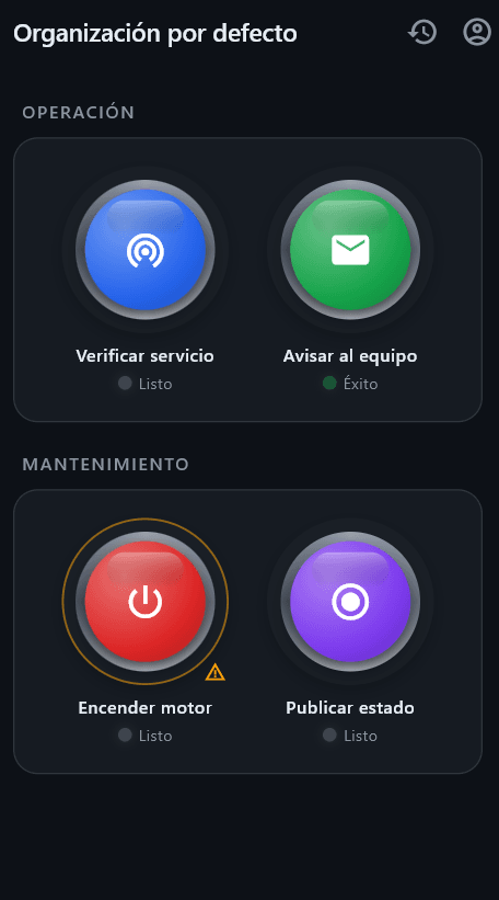 App móvil de Pulsar mostrando los botones agrupados por operación y mantenimiento