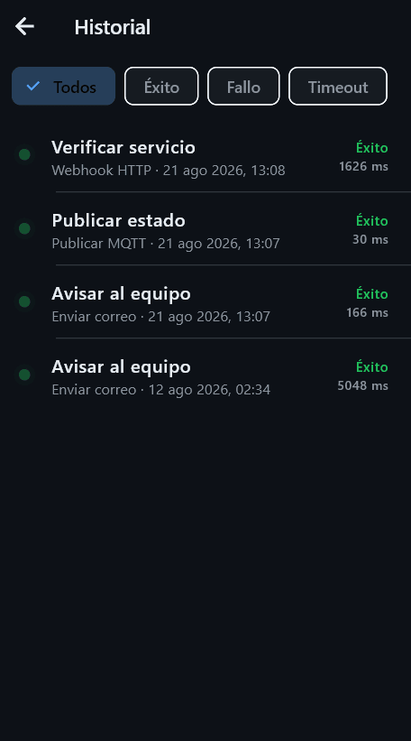 Historial de ejecuciones en la app móvil de Pulsar, con filtros por éxito, fallo y timeout