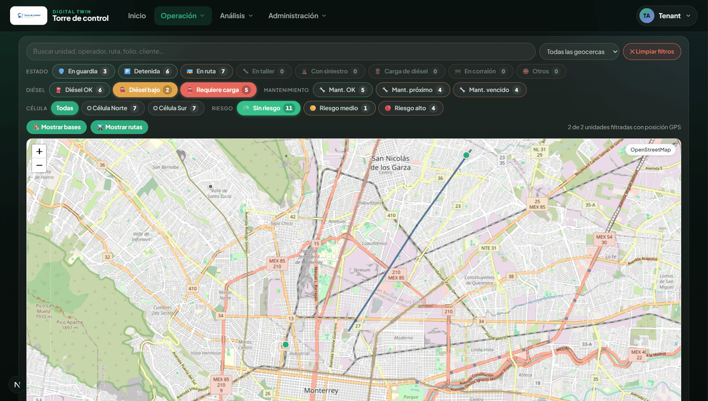 Mapa operativo de Torre de Control con unidades, bases y rutas sobre el mapa