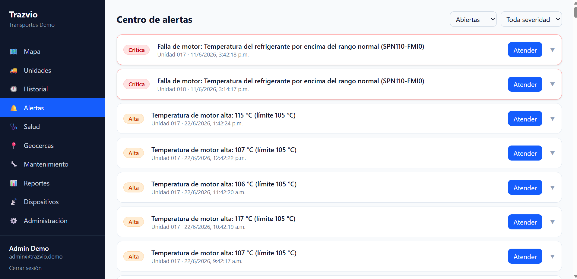 Panel de alertas y notificaciones de la flota en Trazvio