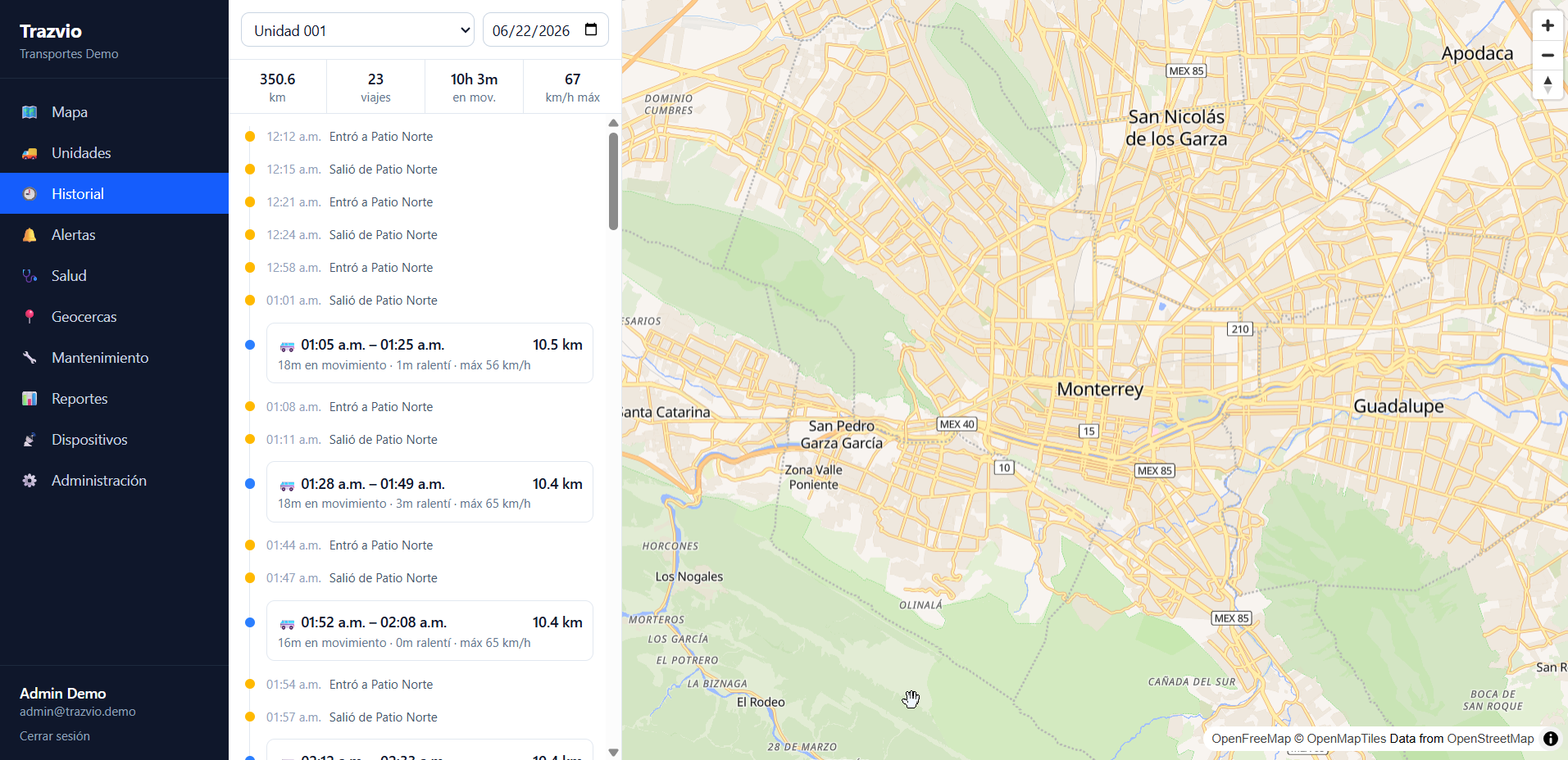Historial de recorridos y rutas de una unidad en Trazvio