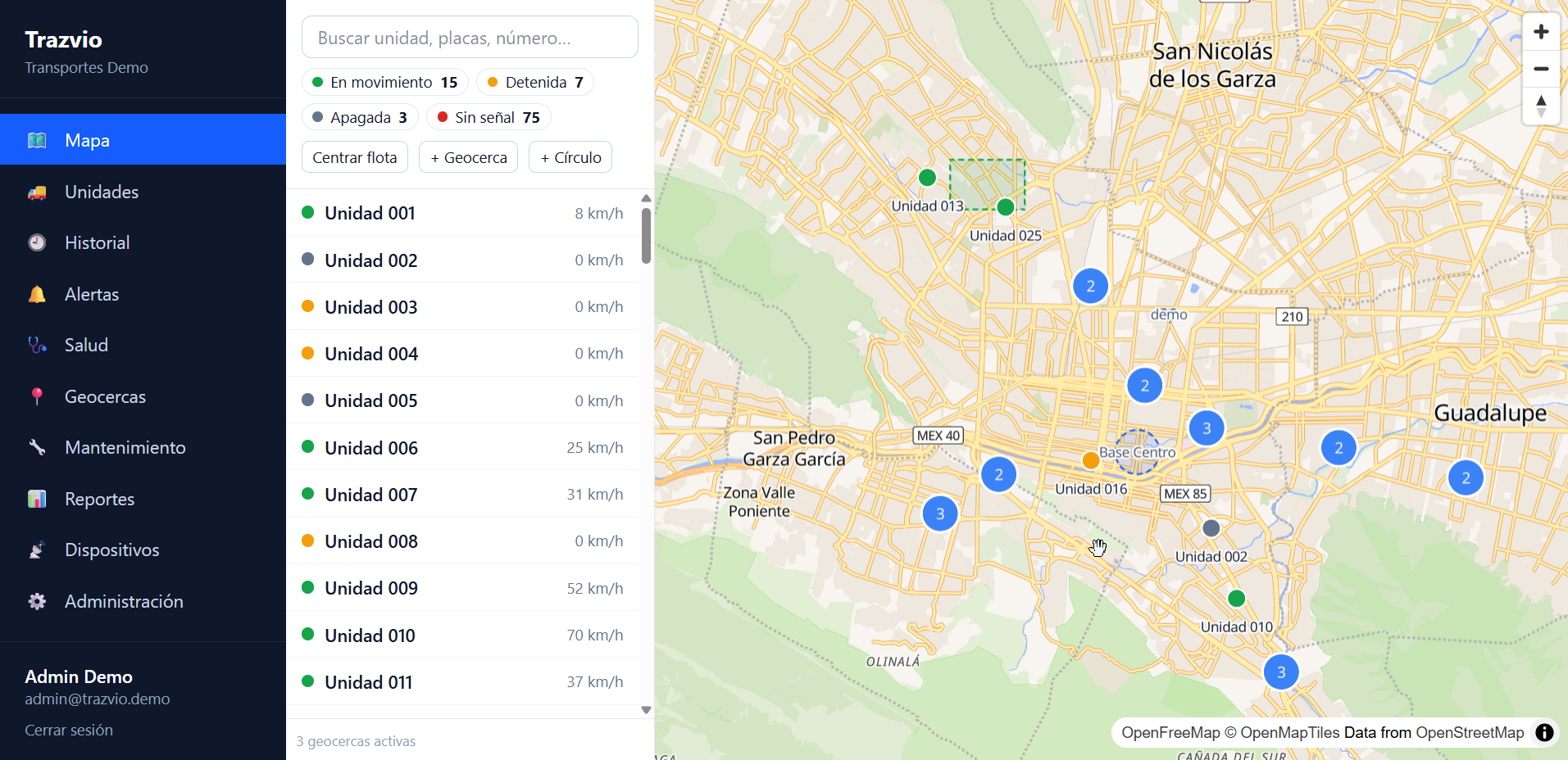 Panel web de Trazvio con el mapa y la flota en tiempo real